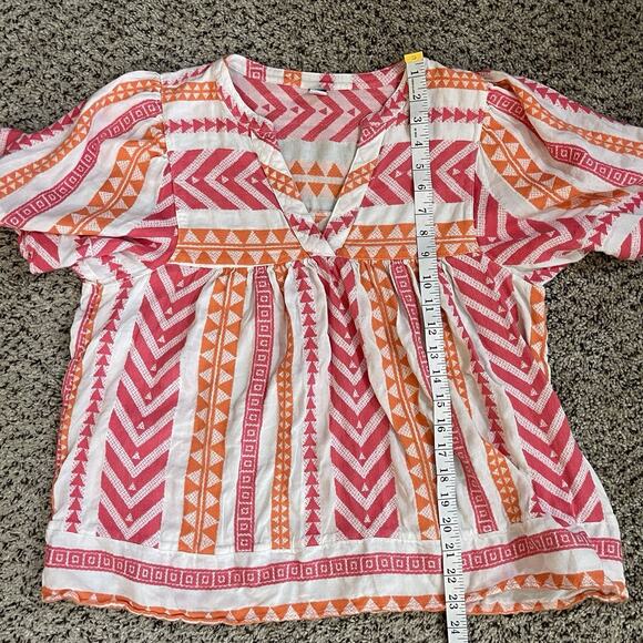 OLD NAVY Pink Orange V Neck Swing Peasant Blouse 100% Cotton Boho Aztec Sz L - Picture 8 of 8